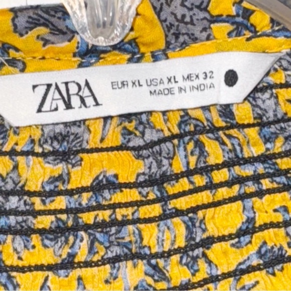 ZARA Floral Print Smocked Tie Neck Blouse Mustard/Blue Sz XLarge Boho Cotton - Picture 10 of 16